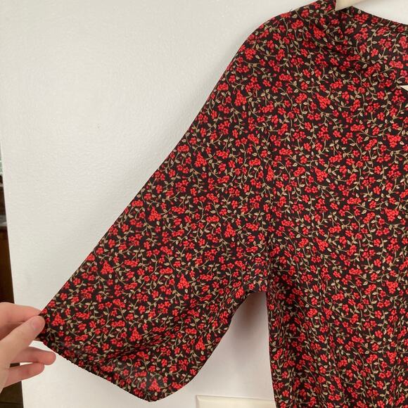 Uniqlo Womens XS Black & Red Ditsy Floral Midi Dress Fairy Grunge Whimsigoth - Picture 4 of 9